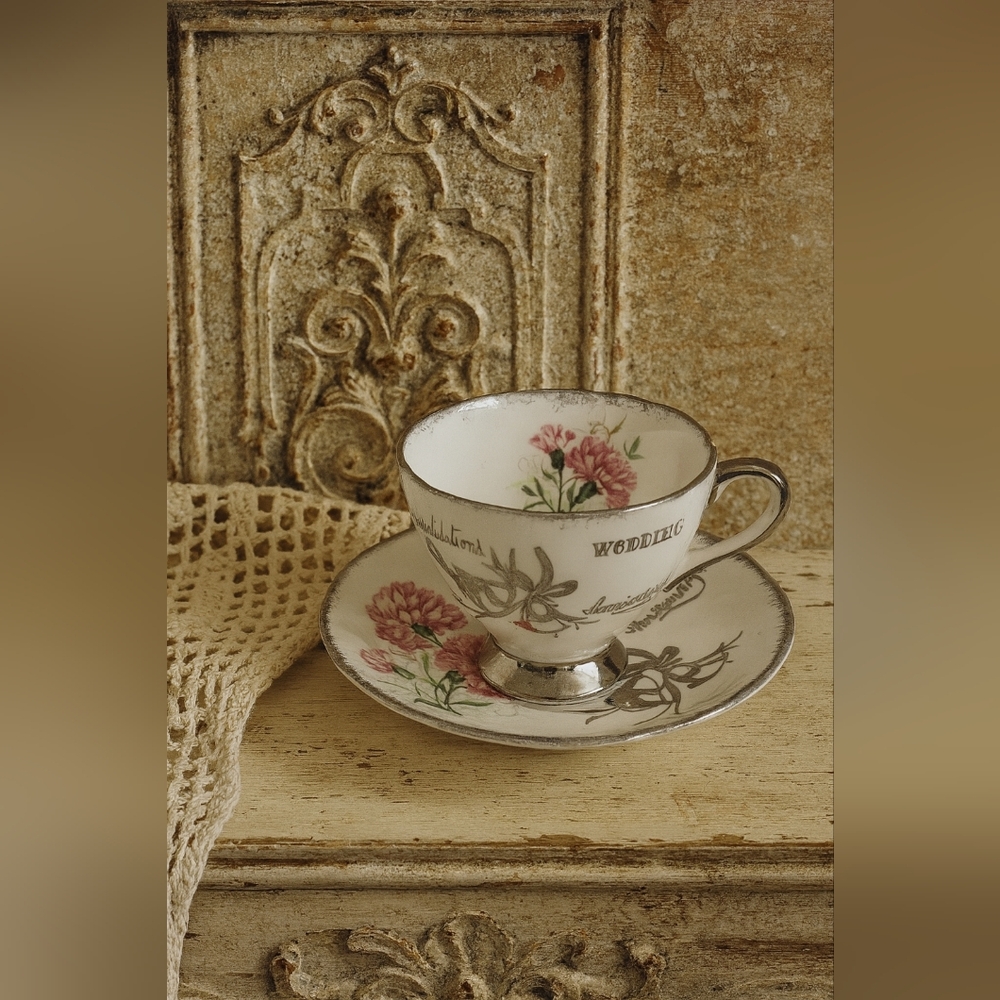 Vintage Gladstone Silver Bone China Floral Teacup and Saucer Set